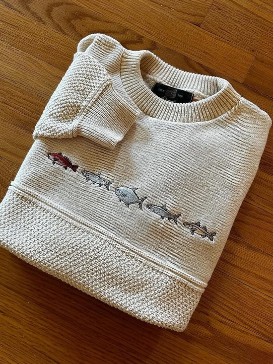 Orvis Sweaters - Vintage Orvis Embroidered Saltwater Fish Sweater XXL Cream 100% Cotton Fishing